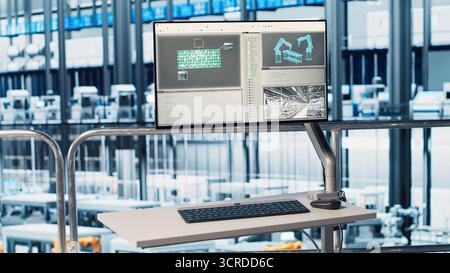 Monitor displaying industrial analytics dashboard for Industry 4.0 photovoltaics plant equipment. Solar panels smart factory display visualizing robotic arms performance and metrics from sensor data Stock Photo