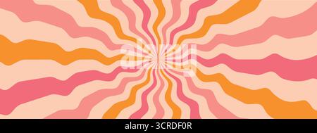 Vector starburst pattern. Pink and yellow groovy background with wavy rays Stock Vector
