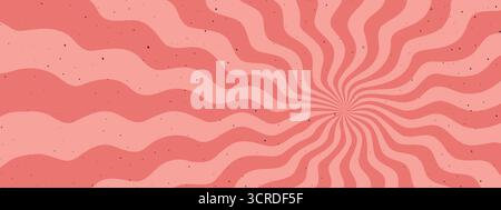 Retro colored groovy pattern. Vector radial background. Red and pink spiral starburst backdrop with wavy rays Stock Vector