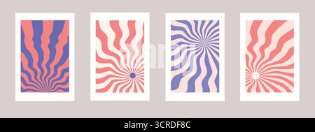 Set of groovy spiral posters. Vector radial starburst patterns in white frames Stock Vector