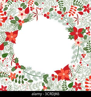Beautiful Christmas vector background with a wreath with pine branches poinsettia and holly in red and green colors with copy space for greeting cards Stock Vector