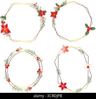 Vector Christmas holiday wreaths set with gold geometric borders and foliage and flowers in red and green Stock Vector