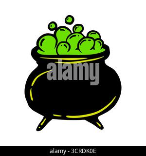 Halloween Cauldron with Bubbling Potion, Cute Cartoon Graphic in Neon Green Yellow Colors. Isolated Vector Illustration for Sticker or Poster Design Stock Vector