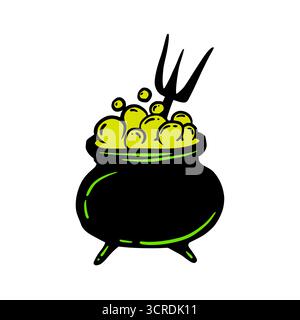 Halloween Cauldron with Bubbling Potion and Pitchfork, Cute Cartoon Graphic in Neon Green Yellow Colors. Isolated Vector Illustration for Sticker or Stock Vector