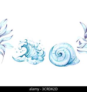 Seamless pattern background wallpaper featuring summer vacation themes such as ocean waves, seashells, and tropical leaves for festive occasions Stock Photo