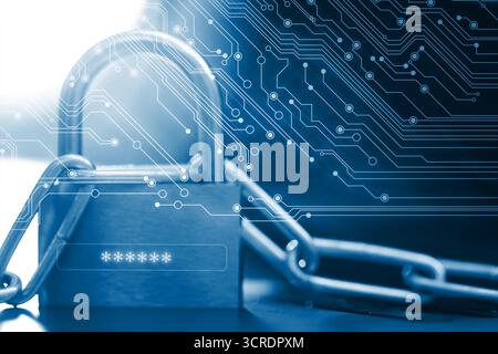 Padlock with digital password asterisks and chain on laptop, toned in blue. Circuit board pattern. Cyber security Stock Photo