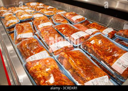 Los Angeles, California, United States - 09-01-2020: A view of several packages of Kirkland Signature marinated ribs, on display at a local Costco. Stock Photo