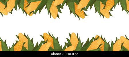 Seamless border with corn cobs and green leaves on top and bottom Stock Vector