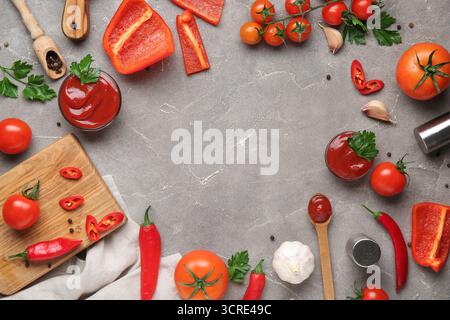 Frame made of bowls with tasty ketchup and ingredients on grey grunge background Stock Photo