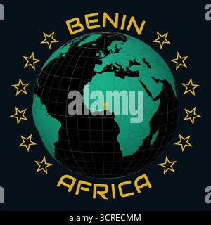 Republic of Benin on Globe. Round country and continent name text. Country view on world map in Black Emerald color palette. Benin shape on map. Stock Vector
