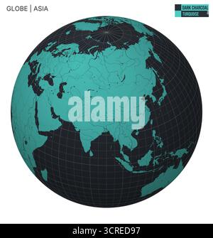 Vector Globe centered to Asia. Dark Charcoal Turquoise palette. World map with meridians, parallels, countries, rivers and lakes. Stock Vector