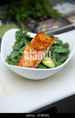 A view of a grilled salmon salad. Stock Photo
