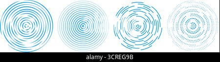 Blue radial concentric circle set. Sound wave signal collection. Halftone, dashed and dotted rings for epicenter, target, radar, earthquake, tsunami symbol. Vector ripple expansive vibration elements Stock Vector