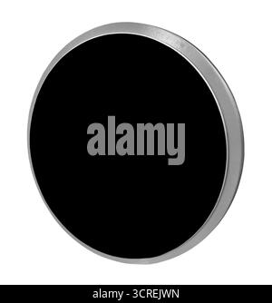 Circular display or frame with a silver metallic bezel. The main inner area is a solid, pure black circle, serving as a placeholder or black screen. Stock Photo