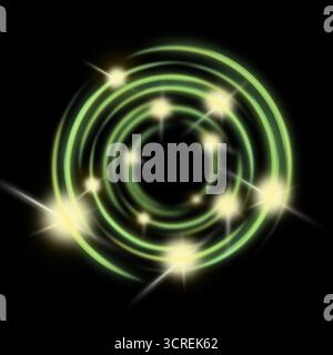 Dark abstract and dynamic central glowing spiral of light on solid black background. Sparkling starbursts with gold streaks giving impression spinning Stock Photo
