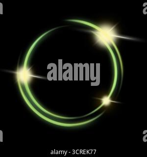 Dark abstract and dynamic central glowing spiral of light on solid black background. Sparkling starbursts with gold streaks giving impression spinning Stock Photo