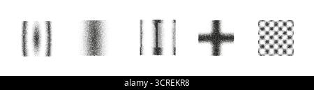 Set of noisy grain abstract shapes, blurry halftone gradient texture with lines, cross and dotted circle pattern, black and white stipple noise Stock Vector