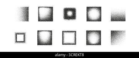 Set of noisy gradient rectangle and square shapes, halftone texture, grain stipple effect, black and white abstract dotted noise pattern for modern Stock Vector