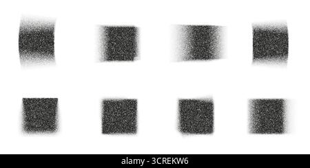 Set of noisy grain rectangle and square shapes, blurry halftone gradient texture, black and white stipple abstract dotted noise pattern, grunge Stock Vector