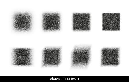 Set of blurry noisy square shapes, grain halftone gradient texture, black and white stipple abstract dotted noise pattern, grunge geometric element Stock Vector