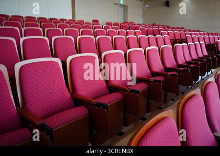 Empty Conference Hall Auditorium with Red Chairs Stock Photo