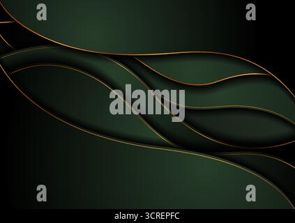 Golden curved wavy lines and green waves abstract minimal background. Vector corporate graphic design Stock Vector