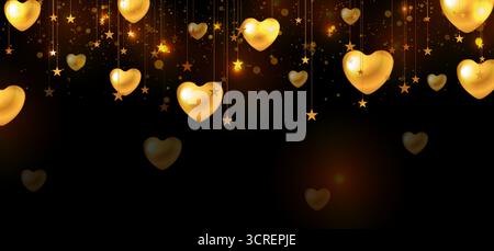 Glowing golden hanging stars and glossy hearts Valentines Day abstract background. Vector greeting card design Stock Vector