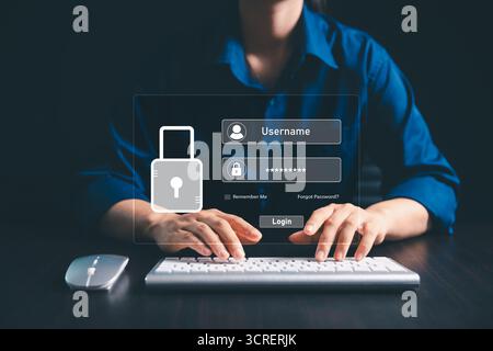 User accesses secure internet system through advanced high technology, username, password, ensuring encryption, strong cybersecurity for information s Stock Photo
