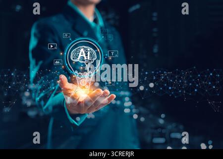 Businesswoman embraces the AI creative innovation concept, with a light bulb symbolizing artificial intelligence powering the modern digital generatio Stock Photo