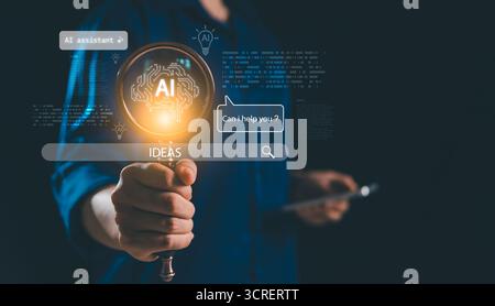 AI assistant concept with glowing magnifying glass highlighting digital brain idea icon, symbolizing innovation, smart search, technology, creativity Stock Photo