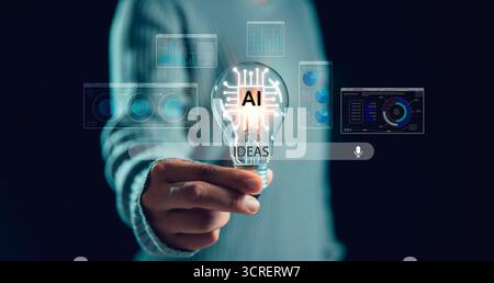AI innovation concept with glowing light bulb and digital data dashboards, symbolizing artificial intelligence, creativity, analytics, technology and Stock Photo