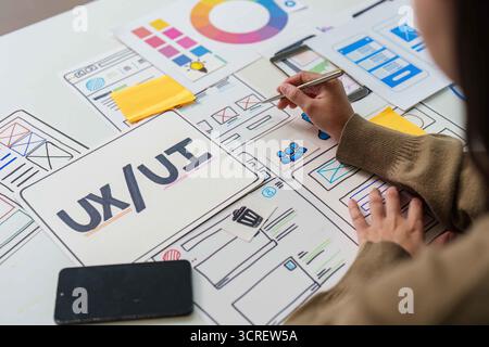 UX UI Design Process. Creative brainstorming session with wireframes and color palettes. Stock Photo