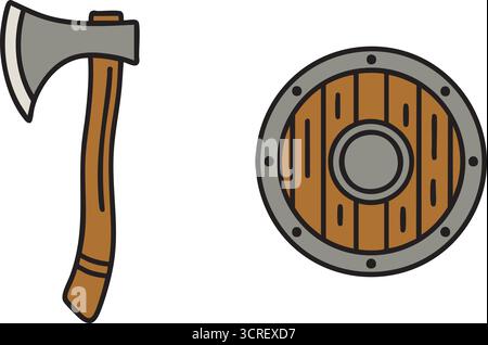 A compact warrior gear pairing showing a single bladed hand axe and a circular riveted shield made of planks Stock Vector