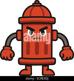 A cartoon hydrant with expressive eyes and flexed arms suggesting fiery determination in the city streets Stock Vector