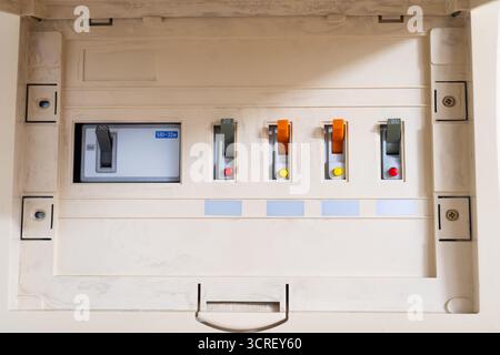 Voltage switchboard with circuit breakers. Electrical switchboard Stock Photo