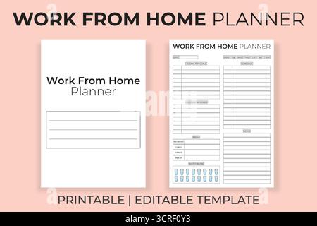 A Work From Home Planner Template, Printable Daily and Weekly Schedule, Remote Office Routine Tracker, Editable Digital KDP Interior Stock Vector