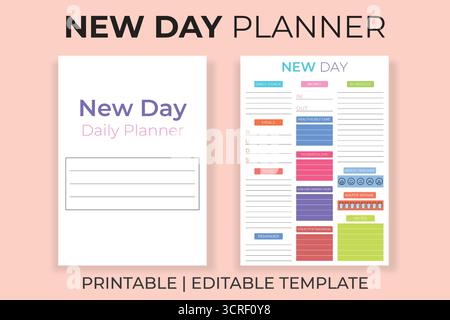 A New Day Daily Planner Template, Printable Mood and Habit Tracker, Editable Goals and Self-Care Schedule, KDP Interior Stock Vector