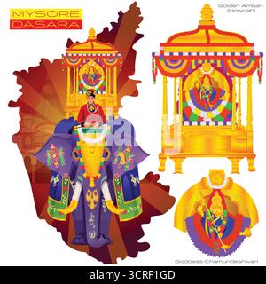 Mysore Dasara Golden Ambari (Howdah) carried on the lead elephant during the Jamboo Savari on Vijayadashami, holding the idol of Goddess Chamundeshwar Stock Vector
