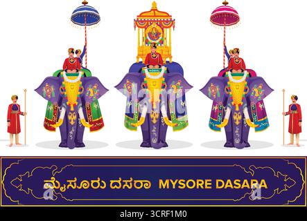 Mysore Dasara Elephant in Front of Palace, Mysore Dasara Golden Ambari (Howdah) carried on the lead elephant during the Jamboo Savari on Vijayadashami Stock Vector