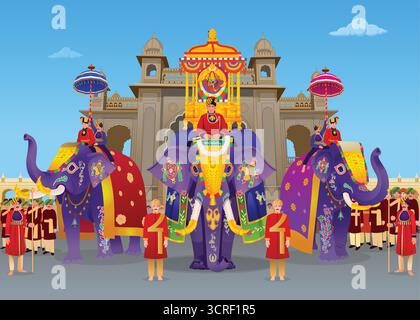 Mysore Dasara Elephant in Front of Palace, Mysore Dasara Golden Ambari (Howdah) carried on the lead elephant during the Jamboo Savari on Vijayadashami Stock Vector