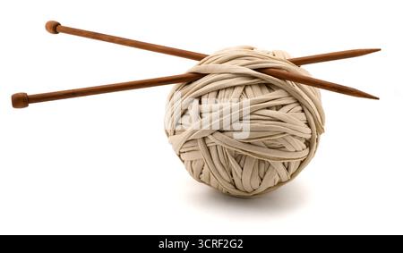 Skeins with wooden Knitting Needles isolated on white Stock Photo