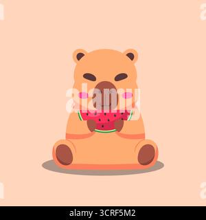Cartoon Cute Capybara Eating Watermelon Stock Vector