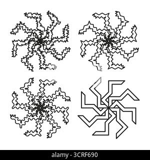 Abstract star icons. Geometric snowflake motif. Spiky vector element. Monochrome graphic design. EPS 10. Stock Vector
