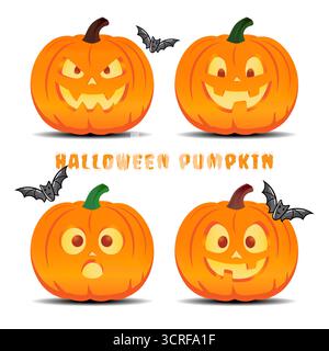 Halloween vector set of 4 carved pumpkin jack-o’-lanterns with unique glowing faces and bats. Great for seasonal designs, party invites, stickers Stock Vector