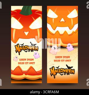 Bright Halloween banner featuring glowing pumpkin faces, cute ghosts, bats, and spider webs. Ideal for party invitations, seasonal posters, ads Stock Vector
