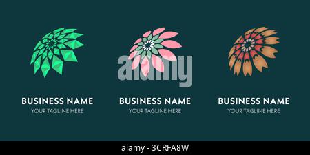 A creative logo set featuring abstract floral symbols with geometric petal designs. Perfect for branding, identity, and modern business logos. Stock Vector