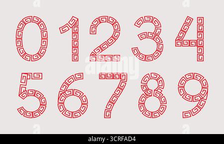 Stylized 0–9 numbers designed with red maze-like oriental borders. Ideal for posters, invitations, cultural projects, and creative festive design Stock Vector