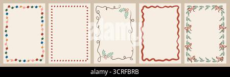 Whimsical Christmas frames with garlands, colorful lights, and ribbon accents in retro doodle style. Festive border templates for invitations, posters Stock Vector