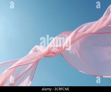 Flying pink fabric wave on blue sky background and illuminated by sunlight, flowing waving silk fluttering cloth Stock Photo