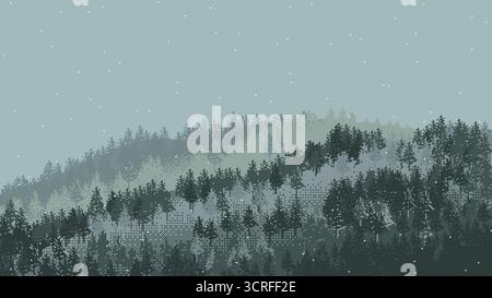 Pixel art snowy forest landscape with falling snow. Winter vector illustration. Stock Vector